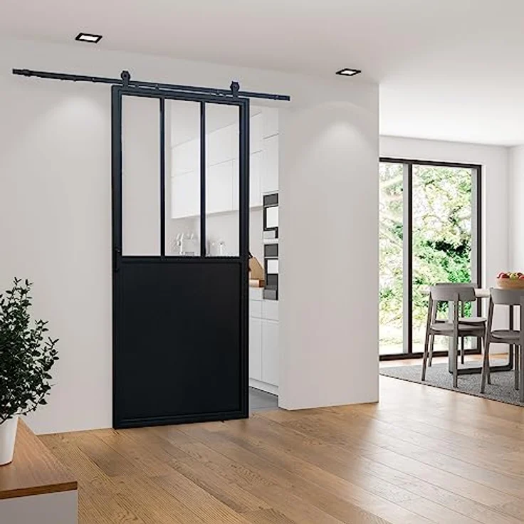 inova Glasschiebetür Komplettset 900x2150mm aus Stahl in schwarz mit Glaseinsatz, Industrie Style, Softclose & einfache Montage – Bild 1
