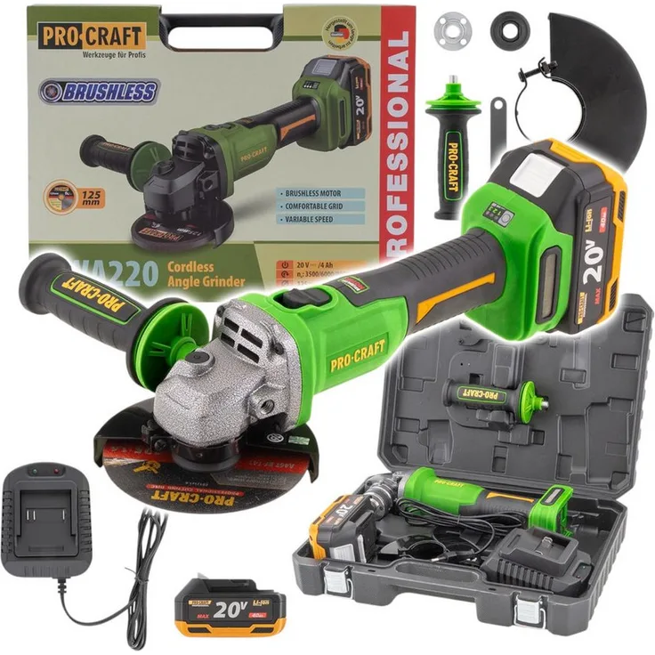 PRO CRAFT Akku-Winkelschleifer PWA220, 20 V, 125 mm, Brushless, mit 1x 4,0 Ah Akku, Ladegerät und Koffer