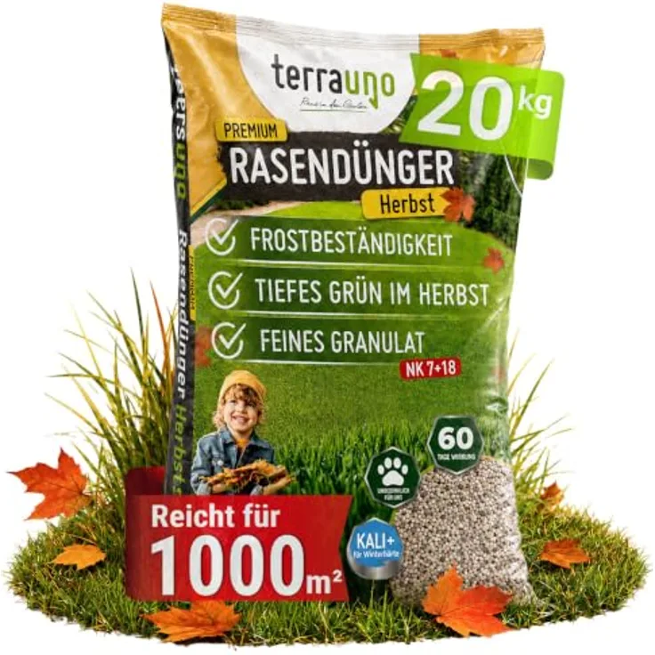 TerraUno Premium Herbstdünger Rasen, 20 kg für 1000 m², 60 Tage Langzeitwirkung, Soforteffekt, extra starkes Grün, geruchsarm & staubfrei