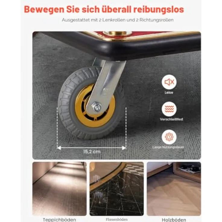 VEVOR Hotelgepäckwagen, Edelstahl-Pagenwagen mit 500 kg Tragkraft, rotem Teppichboden und 15 cm Gummirädern, ideal für Hotels und Resorts – Bild 4