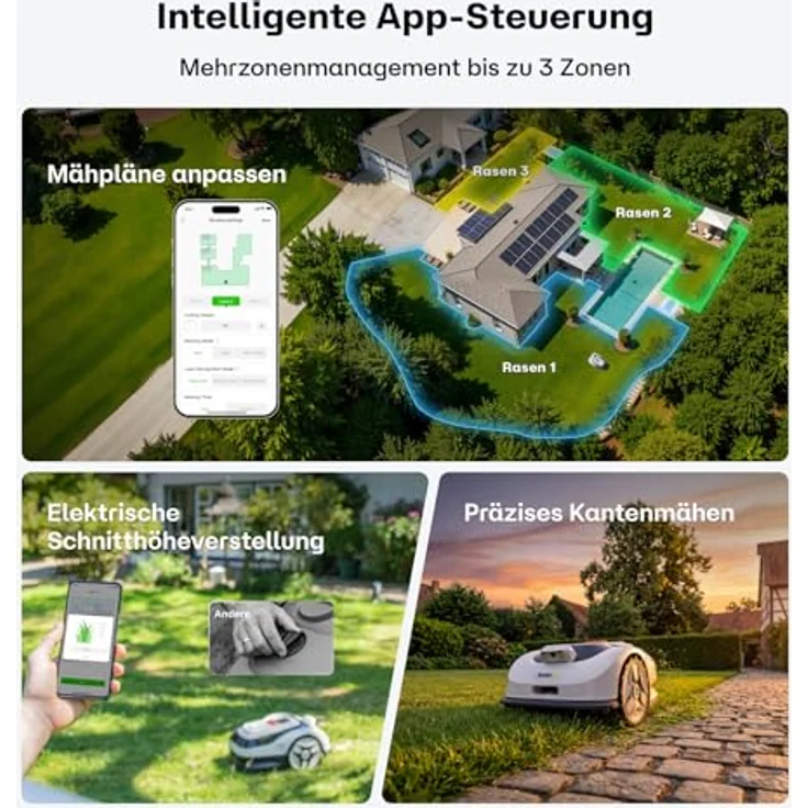 RoboUP Raccoon 2 SE, Rasenmäher Roboter ohne Begrenzungskabel, KI-gesteuert, max. 600㎡, 5Ah Schnelllade-Akku, App-Steuerung, 3-8cm Schnitthöhe, 20° Steigung, flüsterleise 56 dB – Bild 4