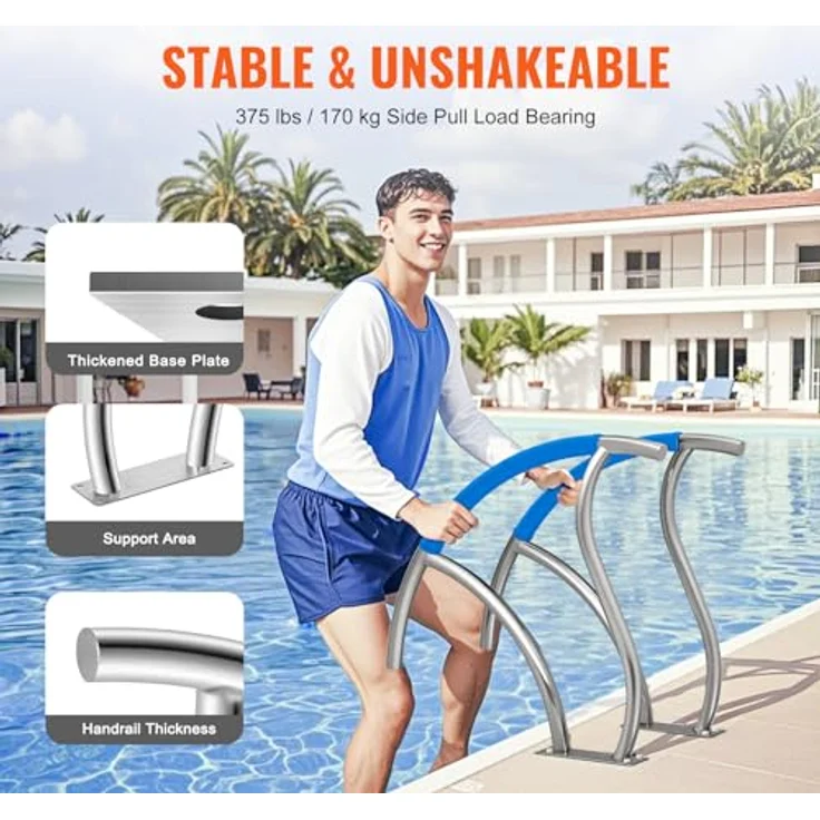 VEVOR Pool-Handlauf, 2 Stk., Edelstahl Pooleinstieg mit Grundplatte, 1395 x 810 x 100 mm, Haltegriff für Innen-/Außenpools, silberweiß – Bild 3