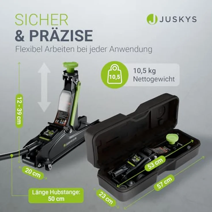 Juskys Hydraulischer Wagenheber, max. Hubhöhe 39 cm, bis 2,5 t, schwarz/grün, mit Zubehör & Handschuhen – Bild 4