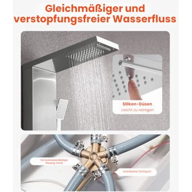 VEVOR Duschpaneel-Turmsystem (5 in 1), Edelstahl Duschsäule mit Regenwasserfall-Duschkopf, Handbrause, Wannenauslauf & 3 Körperdüsen, 1345 mm – Bild 5