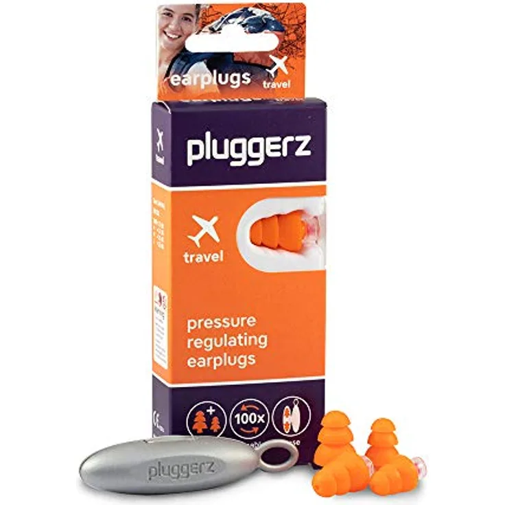 Pluggerz Gehörschutz Ohrstöpsel Travel für Erwachsene & Kids, 20 g mit druckregulierendem Filter, 100x wiederverwendbar, Silikon, inkl. Aufbewahrungskoffer