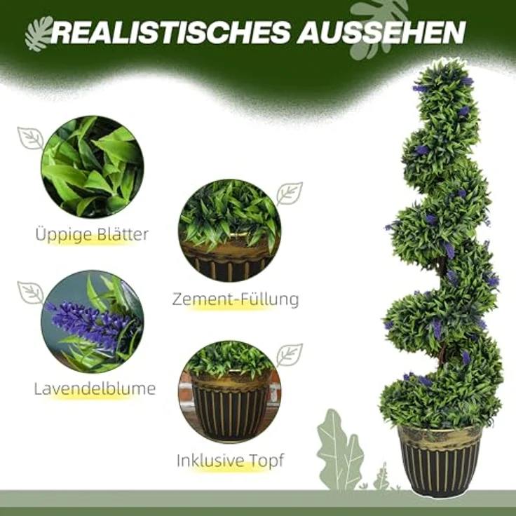 HOMCOM 2er Set Künstlicher Spiralen-Buchsbaum mit Lavendel, 115 cm große Kunstpflanze im eleganten schwarz-goldfarbenen Topf, UV geschützt für Innen- und Außenbereich – Bild 4