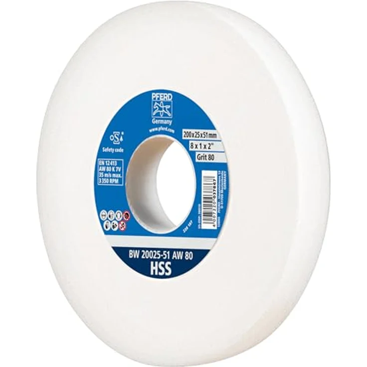 PFERD Schleifbockscheibe, 200x25x51mm, Ausführung HSS, Korngröße 80, Edelkorund weiß, 39009703 – Schleifscheibe für das Bearbeiten hochlegierter Stähle mit integrierter Reduzierhülse (32mm) – Bild 2