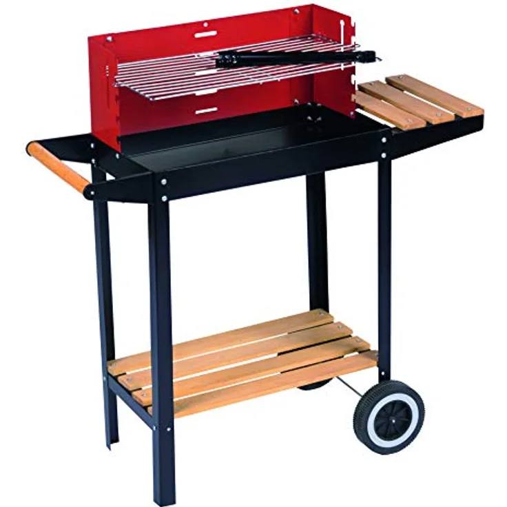 BBQ Collection Holzkohlegrill, Kohlegrill mit Rädern, verstellbarem Grillrost, Windschutz und Seitentisch, schwarz