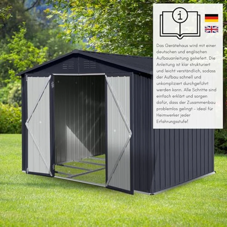 Albatros Profi Gerätehaus XL, verzinktes Metall in Anthrazit (RAL 7016), 259x189x192cm, 9,4m³, wetterfest, inkl. Schloss & Werkzeughaken – Bild 4