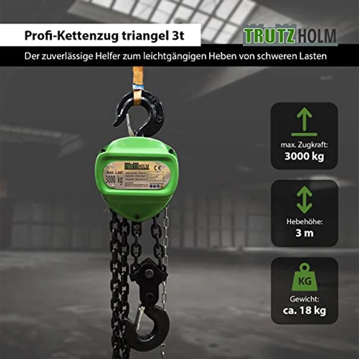 TRUTZHOLM Kettenzug HSC 3000kg, Flaschenzug mit Doppelbremse und 3m Hubhöhe, ideal für Werkstatt und Industrie – Bild 2