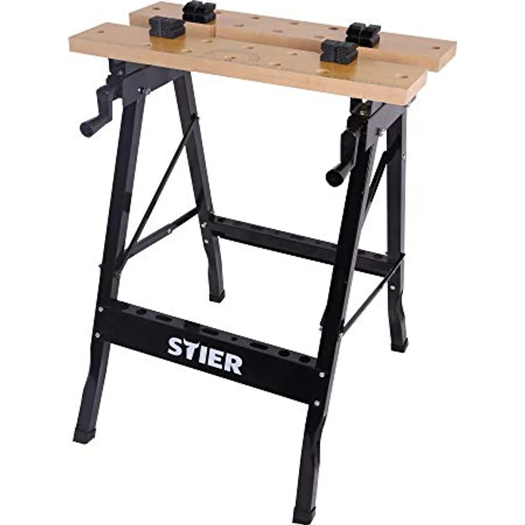 STIER Werkbank, mit Spannbacken, mobiler Arbeitstisch, klappbar, Spanntisch, platzsparend, aufgedruckte Mess- und Winkelskala,Tragkraft 150 kg – Bild 1