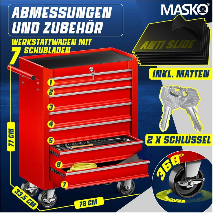 MASKO Werkstattwagen Profi Werkzeugwagen, abschließbar, mit 7 Schubladen, massives Metall, Rot, Rollwagen zur Werkzeugaufbewahrung mit Schloss & 2 Schlüsseln