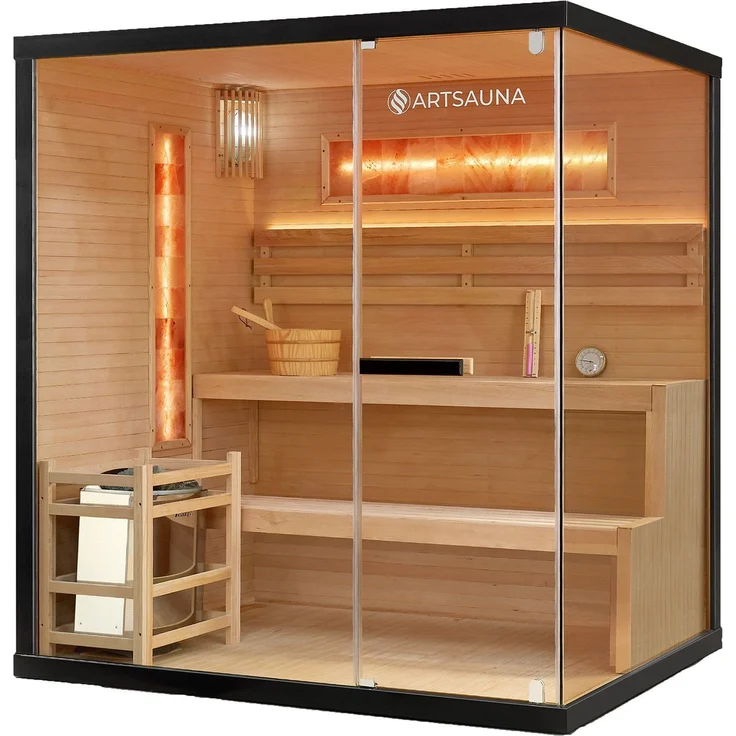 Artsauna Sauna Vantaa 175, BxTxH: 175 x 140 x 190 cm, 5 mm, 2 große Salzsteine, Ambientebeleuchtung, Schwarz/Natur, 8 kW Ofen und Saunasteine, 4 Personen Saunakabine – Bild 1