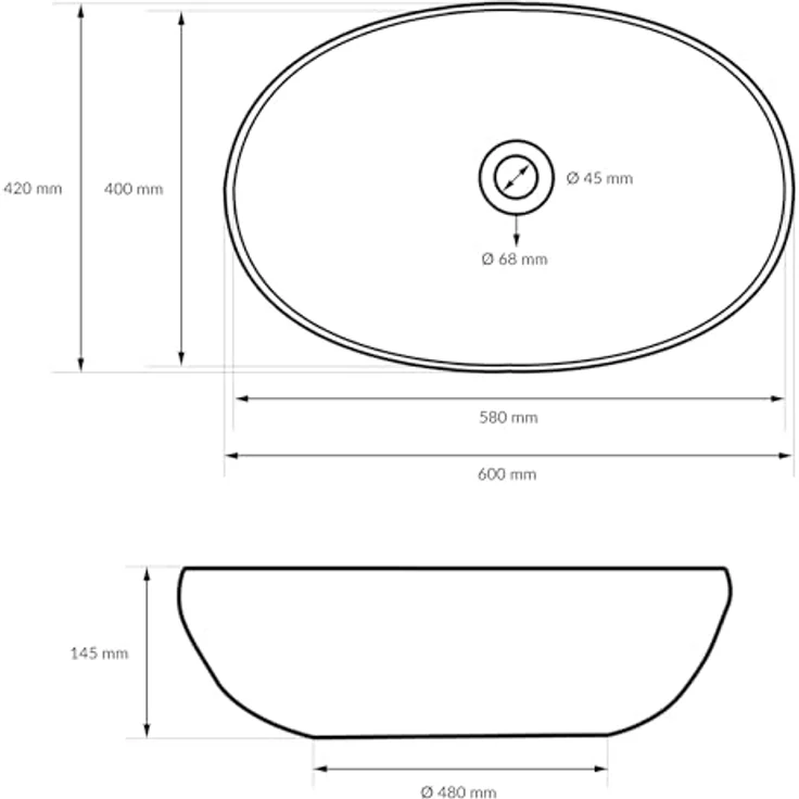 ecd germany Waschbecken Ovalform ohne Überlauf 600x420x145 mm Weiß aus Keramik – Bild 6