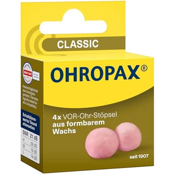 OHROPAX Classic Ohrstöpsel, VOR-Ohr-Stöpsel aus formbarem Wachs, Schalldämmwert SNR 21 dB, 4 Stück