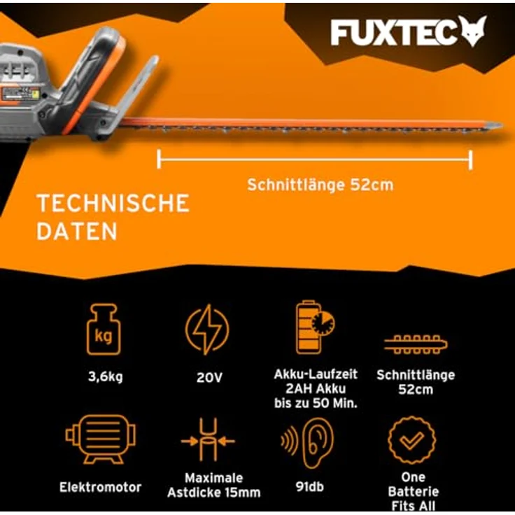 FUXTEC 20V Akku Heckenschere FX-E1HS20, Leicht, 520mm Arbeitsbereich, für Äste bis 15mm, ohne Akkupack und Ladegerät – Bild 3