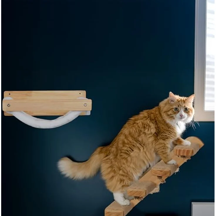 relaxdays Katzen-Hängematte Wand, Polyester, mit weicher Liegefläche aus Teddyplüsch, tragbar bis 10 kg, Weiß/Natur – Bild 2