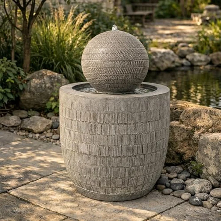 Köhko Gartenbrunnen Kugelbrunnen, moderner Zierbrunnen mit strukturierter Oberfläche und kaltweißer LED-Beleuchtung, 62 cm Höhe – Bild 6