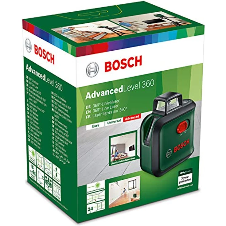 Bosch Kreuzlinienlaser AdvancedLevel 360 (Arbeitsbereich: bis 24 m, selbstnivellierend bis ± 4°, grüner Laser, 4x AA-Batterien, im Karton) – Bild 2