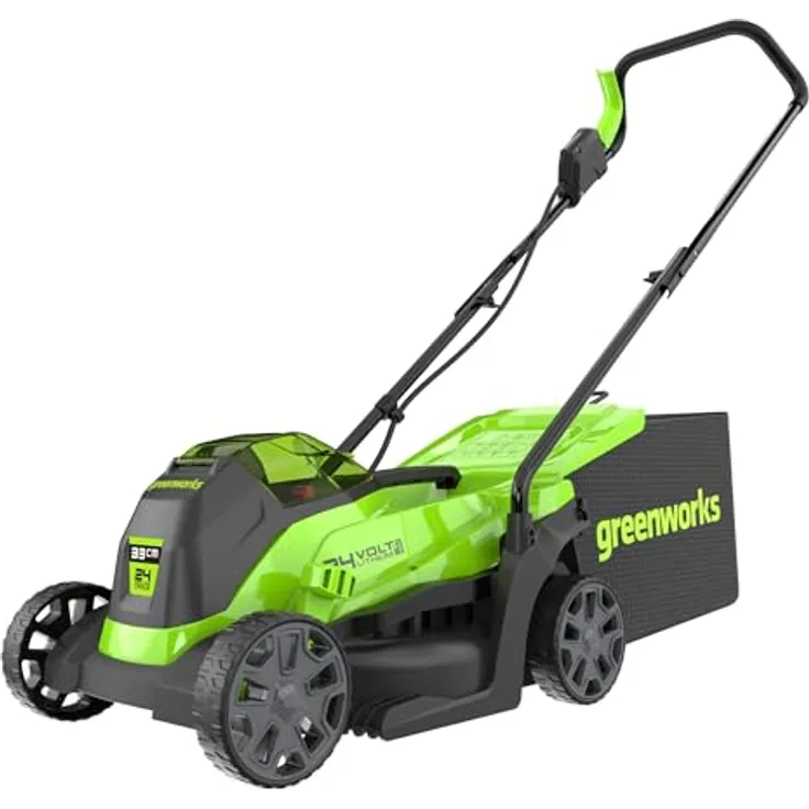 Greenworks GD24LM33, Rasenmäher mit 33 cm Schnittbreite, 30 l Grasfangsack und bürstenlosem Motor, akkubetrieben