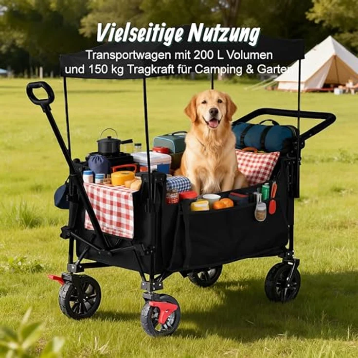 Relaxdays Bollerwagen, faltbar, 150 kg Traglast, mit Dach und Teleskopgriff, Gummireifen mit Bremse, schwarz – Bild 2