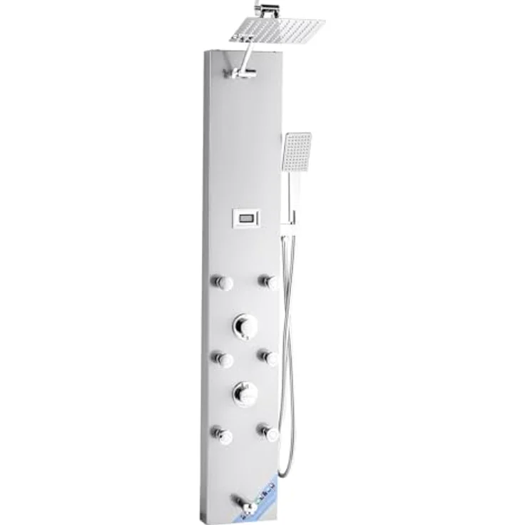VEVOR Duschpaneel-Turmsystem mit Regenwasserfall-Duschkopf, 124 cm Duschsäule aus gebürstetem Edelstahl, mit Handbrause & 6 Massagedüsen, LCD-Temperaturanzeige – Bild 1