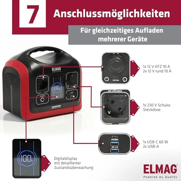 ELMAG Tragbare Powerstation ENERGY 600, 600W, LiFEPO4 Akku mit 595Wh, integrierter Solarladeregler, vielseitige Anschlussmöglichkeiten – Bild 4