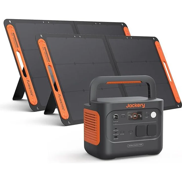 Jackery Explorer 1000 v2, Tragbare Powerstation mit 2x100W Solarpanel, 1070Wh LiFePO4, 1500W AC/100W USB-C, 1 Std. Schnellladung, Campingbereitung