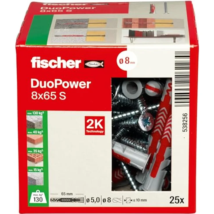 fischer DUOPOWER 8 x 65 S, Universaldübel mit Sicherheitsschraube, 2-Komponenten-Dübel, Kunststoffdübel zur Befestigung in Beton, Ziegeln, Stein, Gipskarton uvm., 25 Dübel + 25 Schrauben - Preisvergleich – Bild 2
