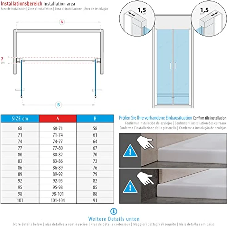 i-flair Duschtür 74-77 cm, 185 cm hoch, aus 6 mm transparentem Sicherheitsglas mit Edelstahlgriffen und magnetischer Dichtung – Bild 3