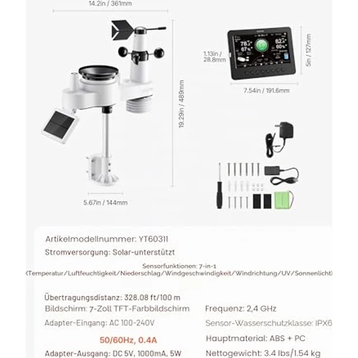 VEVOR 7-in-1 WLAN-Wetterstation, 7-Zoll-TFT-Display, solarbetriebener Außensensor, Wettercenter mit Windgeschwindigkeit, Temperatur, Luftfeuchtigkeit und Niederschlag, IPX6 wasserdicht – Bild 3