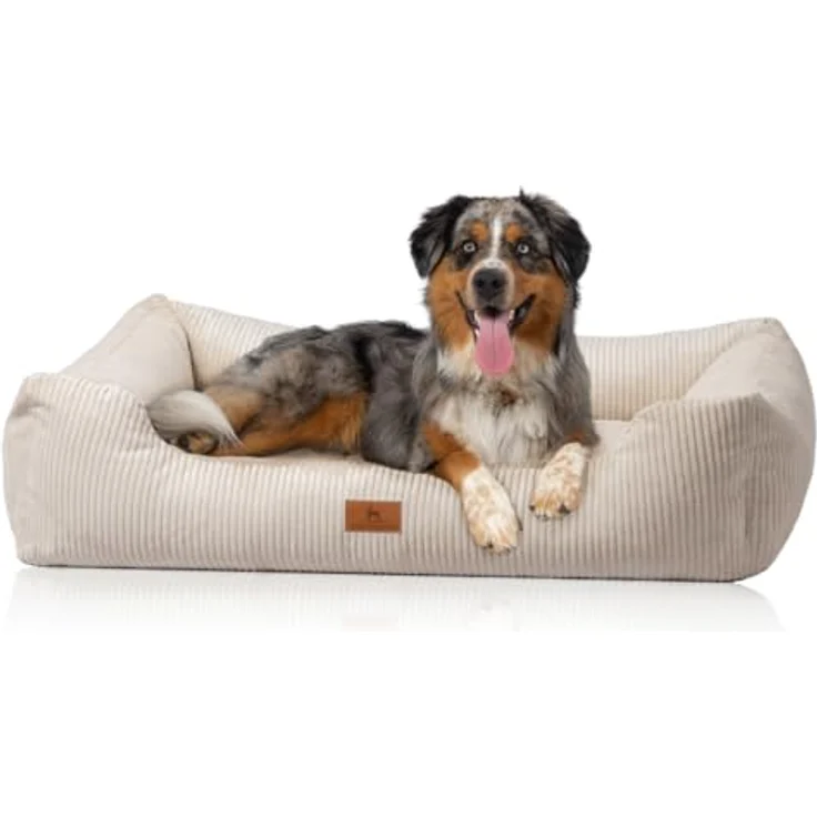 Knuffelwuff Hundebett aus Cord mit Handwebcharakter Olivia M-L 85 x 63cm Beige - Abnehmbarer Bezug - waschbar - für große, mittelgroße und kleine Hunde – Bild 1