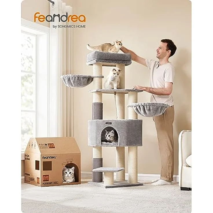 Feandrea Kratzbaum mit selbstwärmenden Decken, für große Katze, Katzenbaum mit 2 Katzenbürsten, 11,1 cm dicke Stämme, große Plattformen, Höhle, 50 x 50 x 160 cm, Taubengrau-cremeweiß PCT003N01 – Bild 2