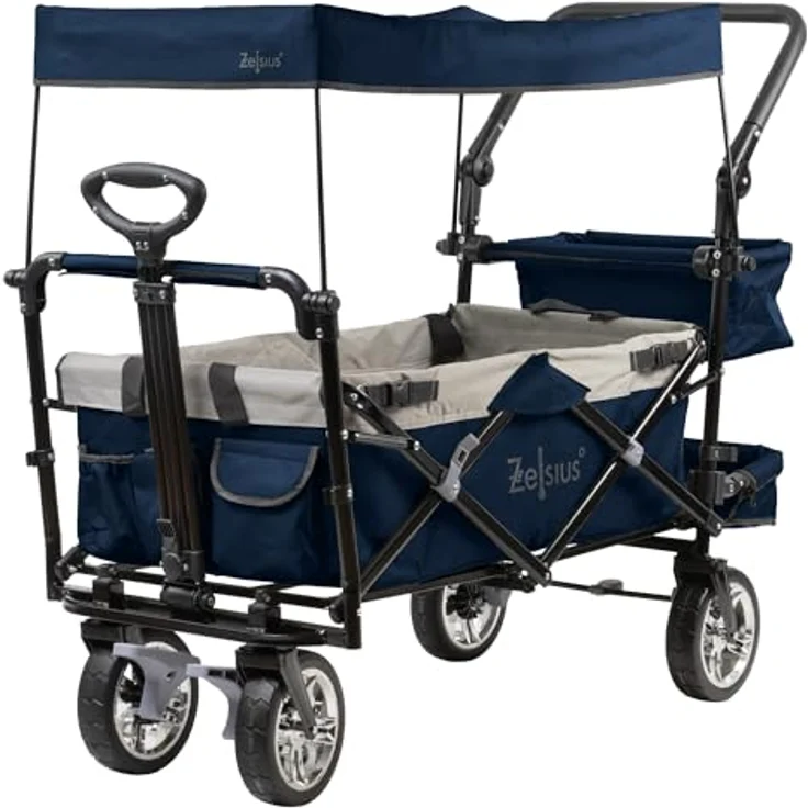 Zelsius Bollerwagen faltbar mit Dach, Transportwagen mit Gurtsystem, blau/grau, 87,5 Liter Nutzvolumen, 90 kg belastbar, abnehmbares Sonnendach – Bild 1