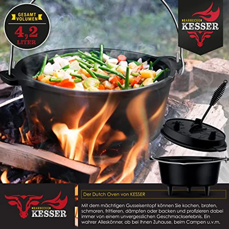 KESSER® Dutch Oven Set BBQ 4,2 Liter, Feuertopf Schmortopf mit Füßen, Gusseisen Topf mit Deckelheber Henkel und Schlitz für Themormeter, kochkessel Grilltopf Gulaschkessel für Oudoor & Indoor – Bild 3
