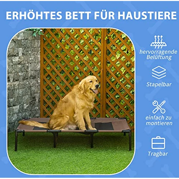 Pawhut Hundebett Outdoor Hundeliege Outdoor Katzenbett Haustierbett Schlafplatz Metall Oxford-Gewebe Kaffee-Braun 122 x 92 x 23 cm – Bild 4