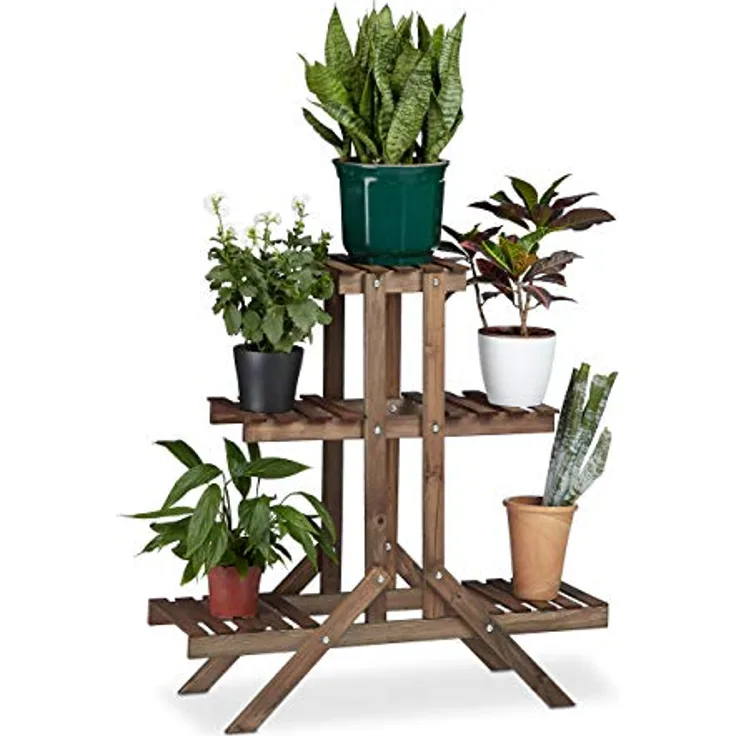 Relaxdays Blumentreppe 3 Ebenen, Aus Holz, Blumenständer für innen, Mehrstöckig, HBT: ca. 82,5 x 83 x 28,5 cm, dunkelbraun