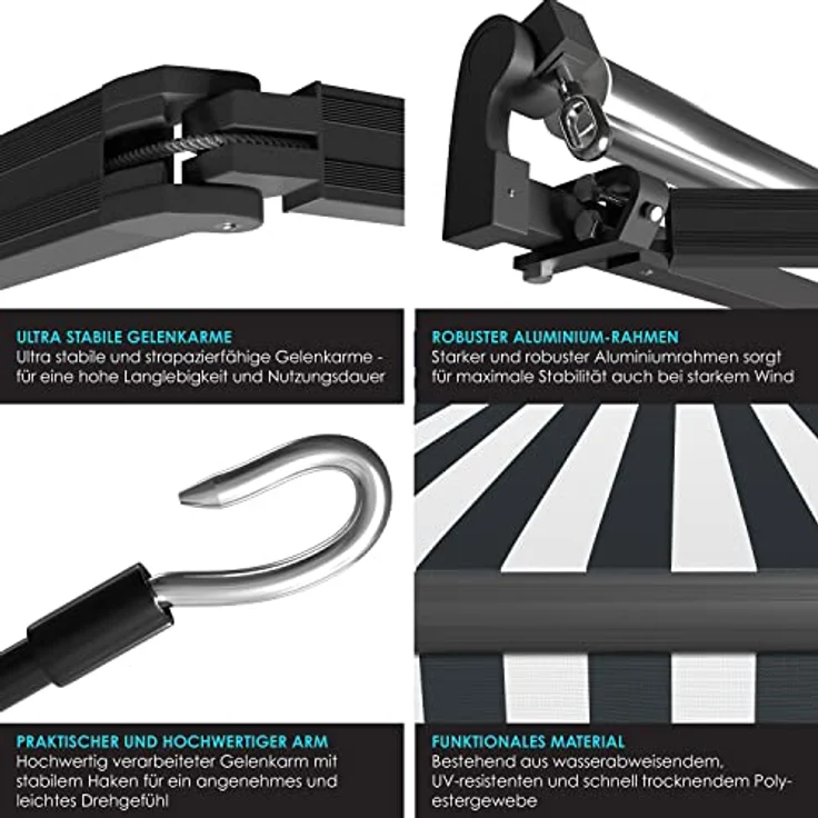 KESSER Gelenkarmmarkise manuelle Markise Gelenkmarkise Terrassenmarkise Klemmmarkise Sonnenmarkise inkl. Wandhalterung Sonnenschutz Balkonmarkise wasserabweisender Alu-Polyester 250 x 200 cm, Weiß - Anthrazit – Bild 5