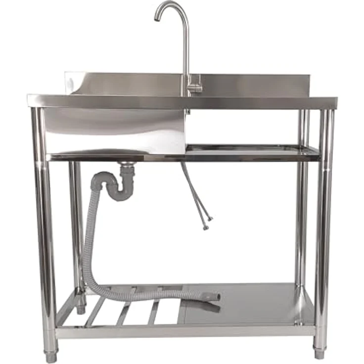Lemodo Spültisch mit Ablagefläche, freistehend, Wasserhahn mit Kalt Warm Anschluss, Edelstahl, mobil einsetzbar, 99,8 cm x 51,4 cm x 90 cm - Preisvergleich – Bild 4