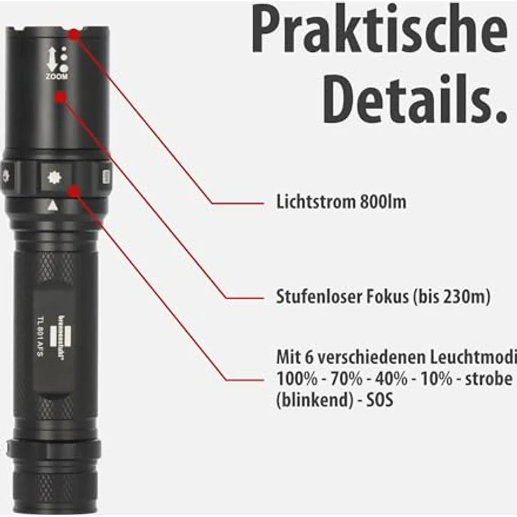 Brennenstuhl Akku Fokus Selektor LED Taschenlampe TL 801 AFS, 800lm, 230m Leuchtweite, fokussierbar, max. 42h, 6 Lichtmodi inkl. SOS & Strobe, IP44 Outdoor, inkl. USB C Ladekabel – Bild 3