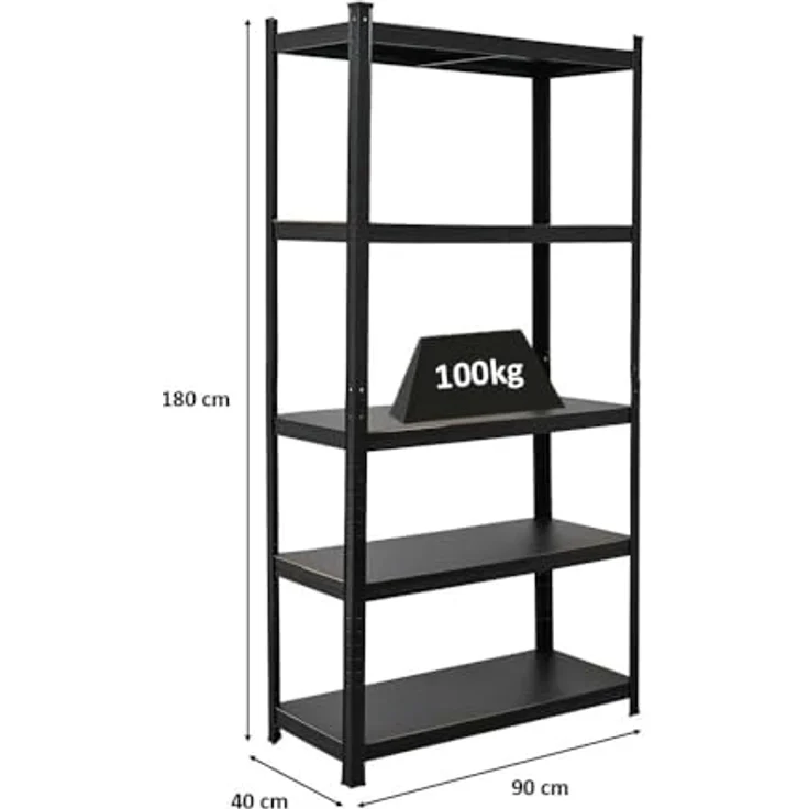 Proregal Schwerlastregal All Black Series Ragnar, 180 x 90 x 40 cm, 5 verstellbare Böden, Traglast 100 kg pro Boden, Schwarz – Bild 2