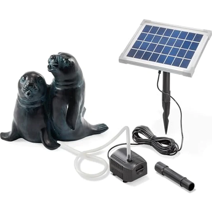 Esotec Solar Wasserspeier Set Seehund Paar, Gartenteichfigur mit Solarpumpe, Tauchpumpe 250l/h, dunkel-bronze, H=22cm – Bild 1