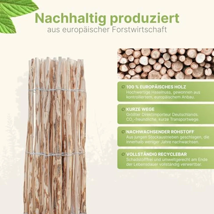 STILTREU Staketenzaun Haselnuss, 100 cm hoch, 5 Meter lang, Lattenabstand 3-5 cm, witterungsbeständig, handgefertigt – Bild 8