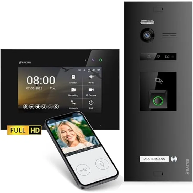 Balter EVO-HD Video Türsprechanlage, 7 Zoll Monitor, Full HD Kamera, Fingerprint, RFID, 175° Weitwinkel, Smartphone App, Komplettset für 1 Familienhaus