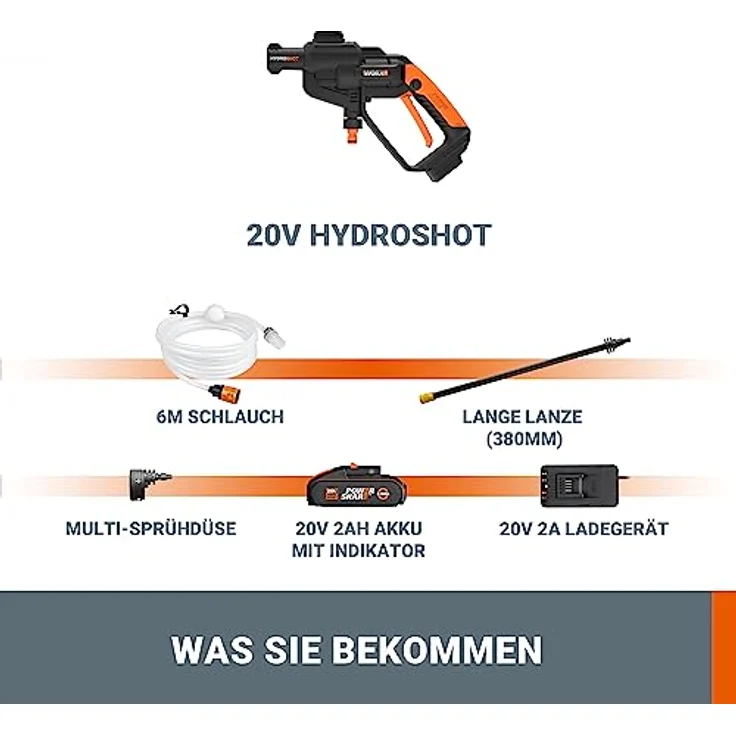WORX WG620E Hydroshot Mobiler Hochdruckreiniger inkl. Multi-Sprühdüse, 6m Schlauch, Ladegerät und 20V Li-Ion Akku – Bild 6