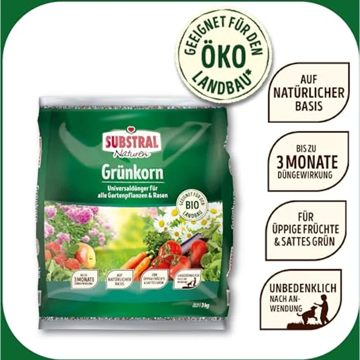 Substral Naturen Grünkorn, 3kg Bio Universal Gartendünger für Blüh-, Obst-, Gemüsepflanzen und Rasenflächen, langanhaltende Nährstofffreisetzung mit innovativer Grünfärbung – Bild 3