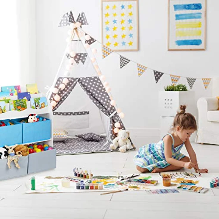 Relaxdays Kinderregal, 4 Boxen, Lagerfeuer Motiv, Spielzeug Aufbewahrung, Kinderzimmer Regal HBT 98 x 82,5 x 30 cm, bunt, 1 Stück – Bild 3