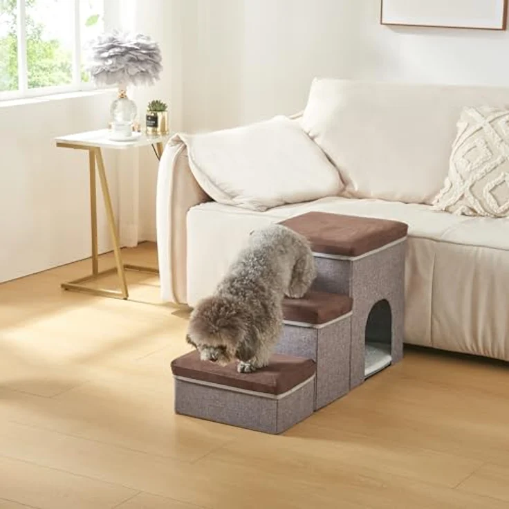 en.casa Hunderampe, »Vojens« bis 30 kg 76x33x43cm Braun / Grau, praktische dreistufige Treppe für Hunde und Katzen, platzsparend zusammenklappbar, gelenkschonend – Bild 4