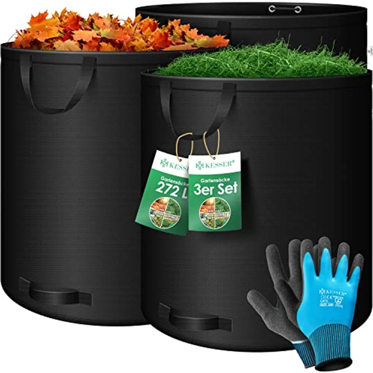 KESSER® Gartensack 3x 272L Set Laubsack Gartenabfallsack inkl. Handschuhe - Selbststehend 4 Griffe Stabil Robust & Faltbar - Laubsäcke Rasenschnitt für Gartenabfälle Grünschnitt Schwarz - Preisvergleich – Bild 1