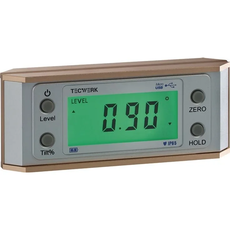 NORDWEST Neigungsmesser TECWERK 0-90° digital, IP65, Aluminiumrahmen, große LCD-Anzeige, Hold-Funktion, integrierter Akku